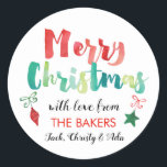 Painted Merry Christmas Ornaments Classic Round Sticker<br><div class="desc">Our Painted Merry Christmas Ornaments Classic Round Sticker features a colourful watercolor painted Merry Christmas message and ornaments. These stickers are perfect for holiday card envelopes,  gifts and more. This sticker matches our Painted Merry Christmas Watercolor collection.</div>