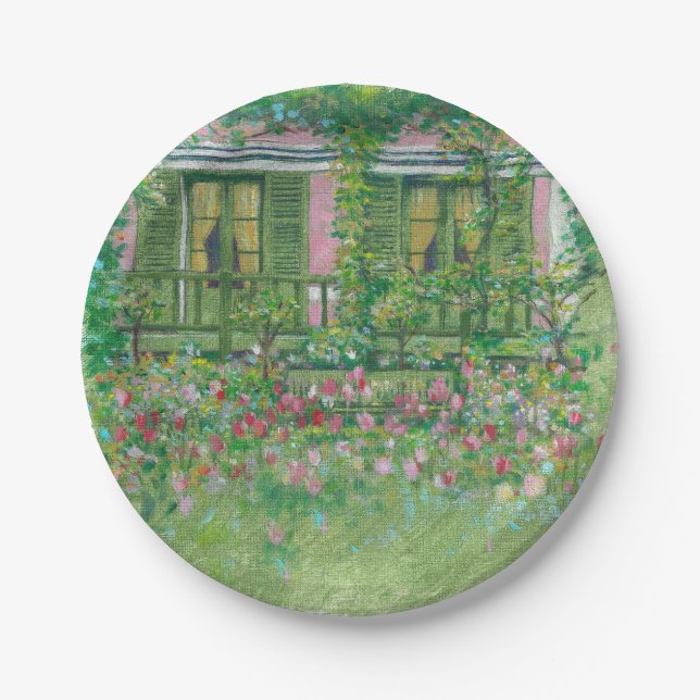 Painted Monet's Garden Pink and Green Paper Plate (Front)