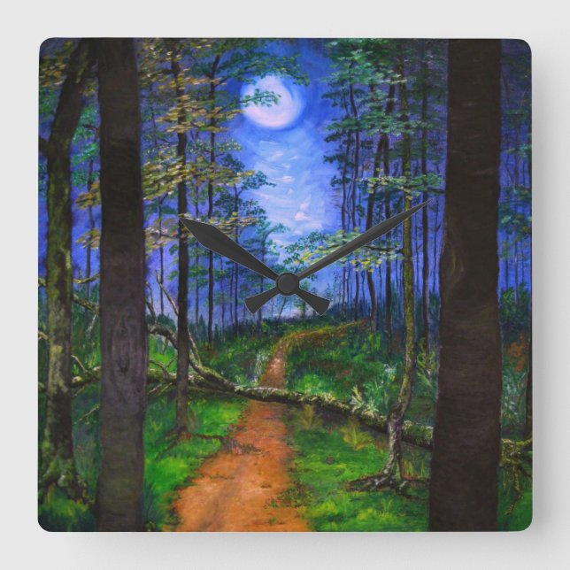 Painted Moonlit Path in the Woods Acrylic Square Wall Clock (Front)