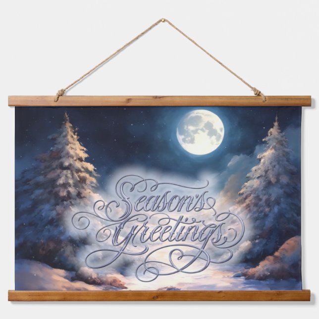 Painted Moonlit Snowy Winter Scene Season's Hanging Tapestry (Front)