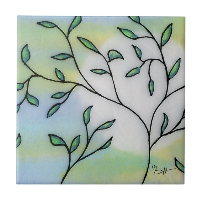 Painted Mulberry Paper Layered with Leaves Tile (Front)