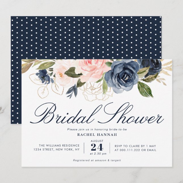 painted navy blue and blush floral bridal shower invitation (Front/Back)