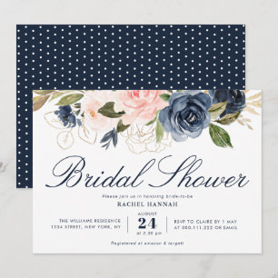 painted navy blue and blush floral bridal shower invitation