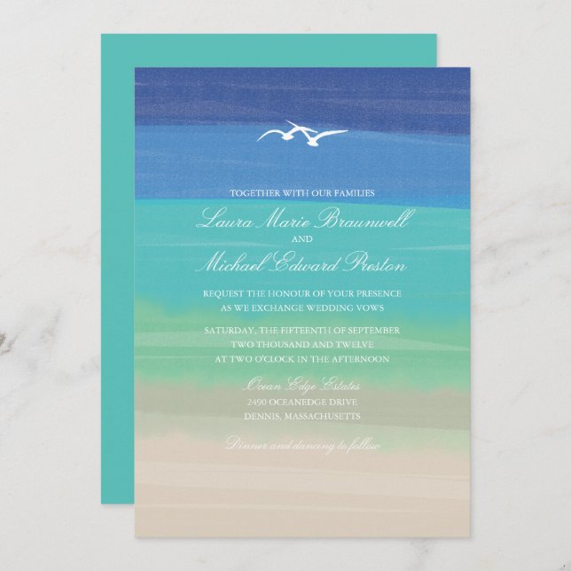 Painted Ocean Sand Sea Seagulls Wedding Invitation (Front/Back)