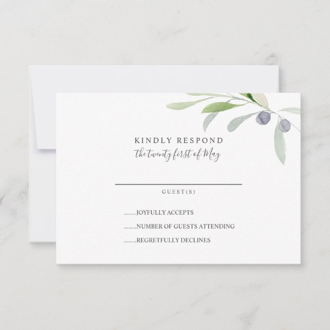 Painted Olive and leaves branch Wedding RSVP (Front)