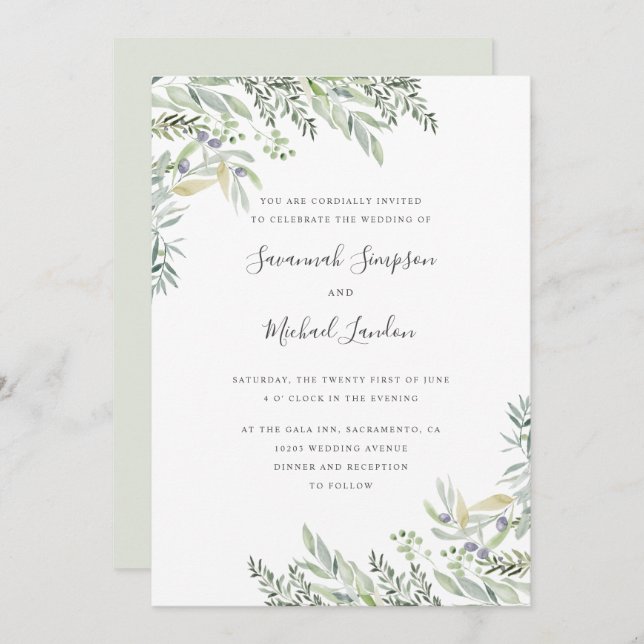 Painted Olive and leaves watercolor wedding Invitation (Front/Back)