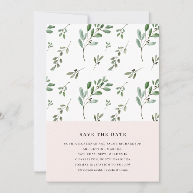 Painted Olive Branches | Simple Blush Pink Wedding Save The Date (Front)