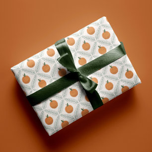 Painted Oranges and Pine Diamond Pattern Christmas Wrapping Paper