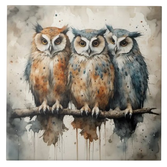 Painted owls ceramic tile (Front)
