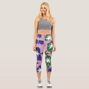 Painted Palm, Navy Blue Green. Capri Leggings