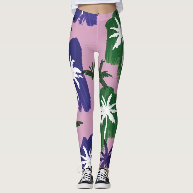 Painted Palm, Navy Blue Green. Leggings (Front)