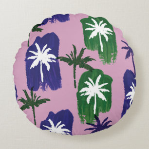Painted Palm, Navy Blue Green. Round Cushion