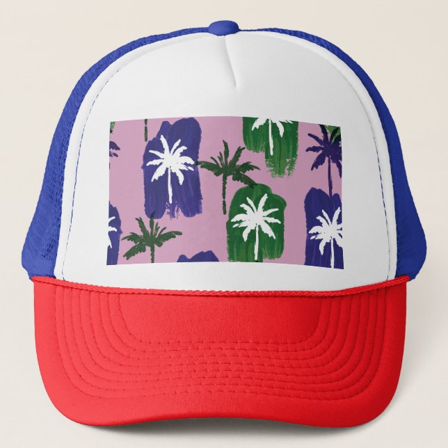 Painted Palm, Navy Blue Green. Trucker Hat (Front)