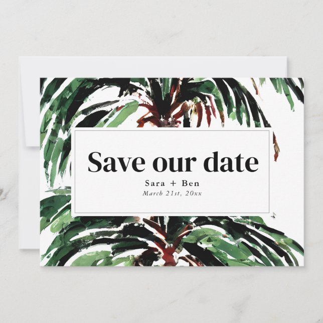 Painted Palm Trees Beach Wedding Photo Save The Date (Front)