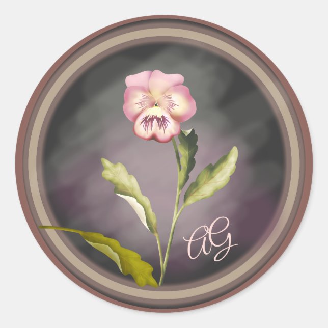 Painted Pansy with Initials  Classic Round Sticker (Front)