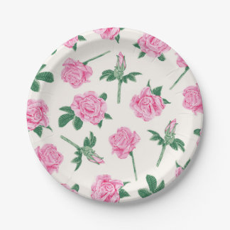 Painted Pink and Green Rose Pattern Paper Plate