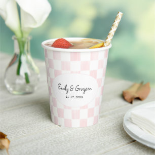 Painted Pink Checkerboard Pattern Wedding Paper Cups