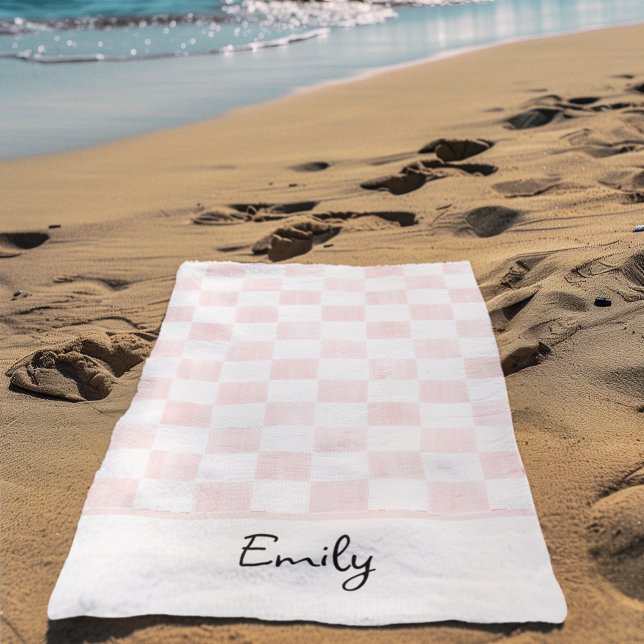 Painted Pink Chequerboard Pattern Personalised Beach Towel (Creator Uploaded)