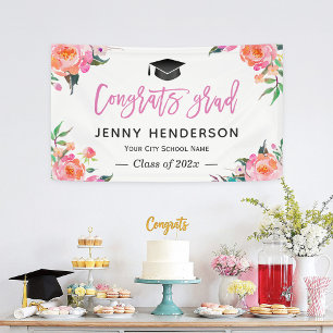 Painted Pink Floral Congrats Grad Graduation Party Banner