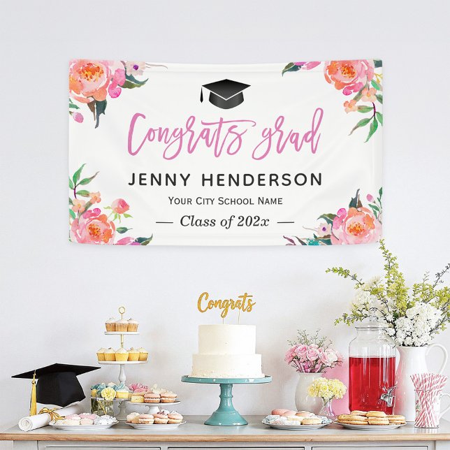 Painted Pink Floral Congrats Grad Graduation Party Banner (Creator Uploaded)