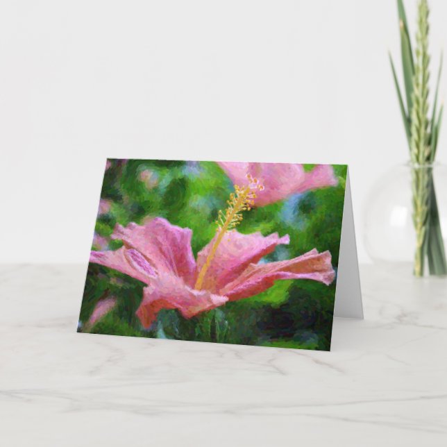 Painted Pink Hibiscus Flower Artsy Note Card (Front)