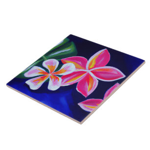 Painted pink plumeria on blue tropical ceramic tile