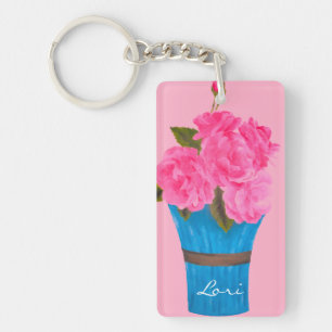 Painted Pink Roses-Acrylic Rectangular Keychain