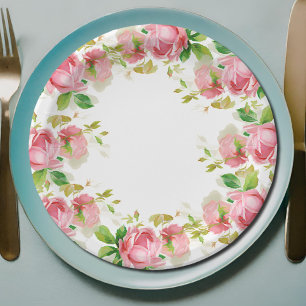 Painted Pink Roses in Vintage style Paper Plate