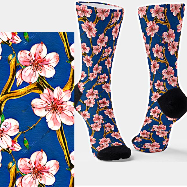 Painted Pink Tree Blossoms on Branch in Blue Sky   Socks (Creator Uploaded)