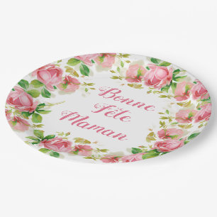Painted Pink vintage roses - French Mother's Day Paper Plate