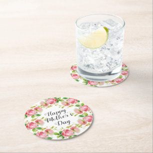 Painted Pink vintage roses - Happy Mother's Day Round Paper Coaster