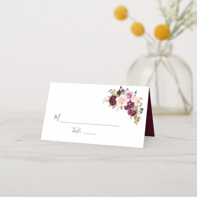 painted plum purple floral wedding place card (Front)