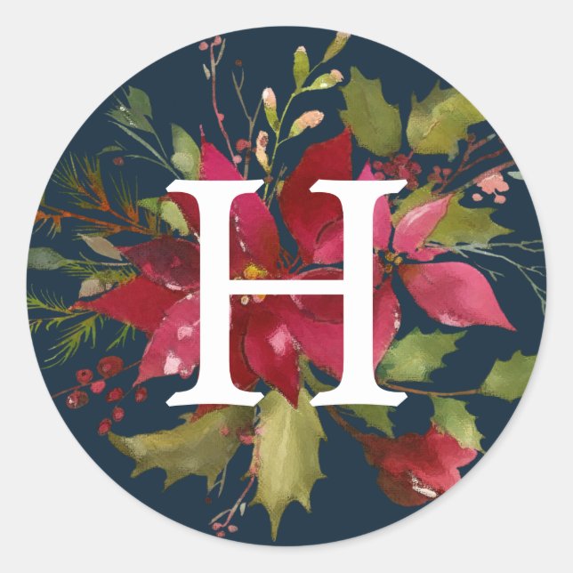 Painted Poinsettias | Monogram Holiday Classic Round Sticker (Front)