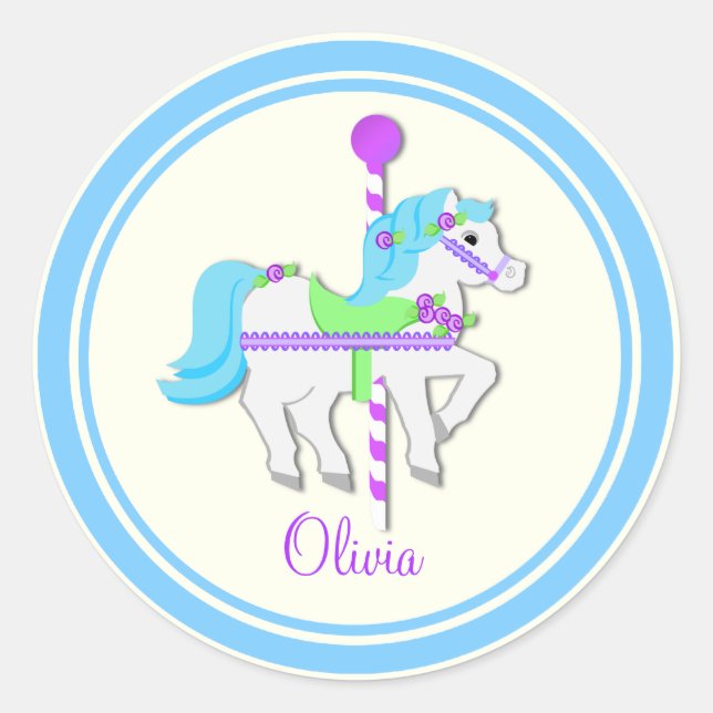Painted Pony Light Blue and PurpleCarousel Classic Round Sticker (Front)