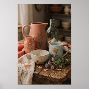 Painted Pottery and Meadow Flowers Poster