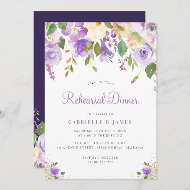 Painted purple and peach floral Rehearsal dinner Invitation (Front/Back)