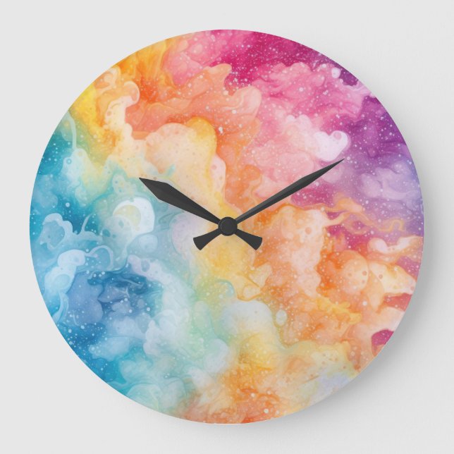 Painted Rainbow Clouds Watercolour Abstract  Large Clock (Front)