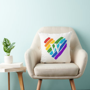 Painted Rainbow Heart on White Monogram Cushion