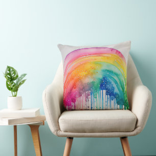 Painted Rainbow Watercolour Paint Drips Abstract  Cushion