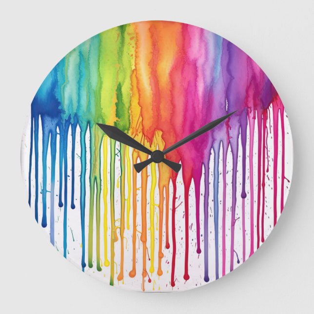 Painted Rainbow Watercolour Paint Drips Abstract  Large Clock (Front)