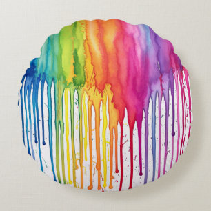 Painted Rainbow Watercolour Paint Drips Abstract Round Cushion