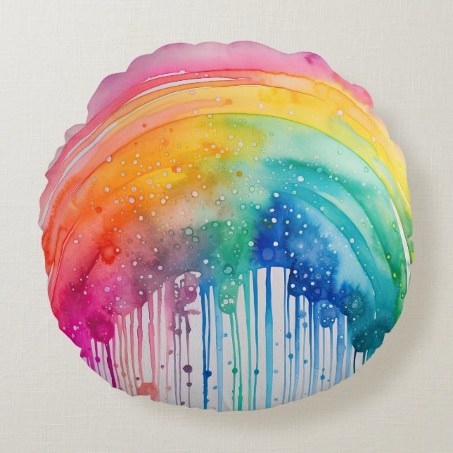 Painted Rainbow Watercolour Paint Drips Abstract  Round Cushion (Front)