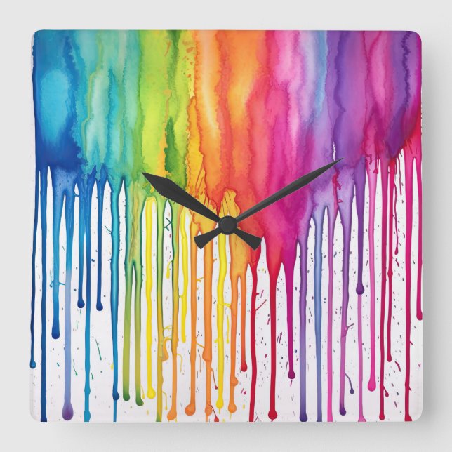 Painted Rainbow Watercolour Paint Drips Abstract  Square Wall Clock (Front)