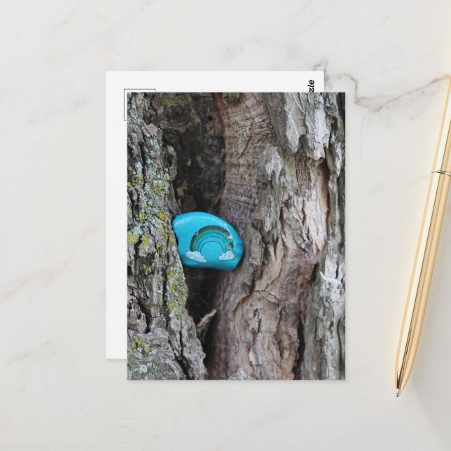 Painted RAK Little Rainbow Rock Hidden in a Tree Postcard (Front/Back In Situ)