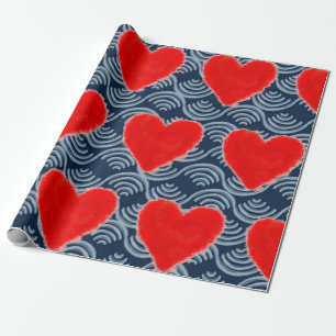 PAINTED RED HEART ON BLUE BACKGROUND GIFT WRAPPING WRAPPING PAPER