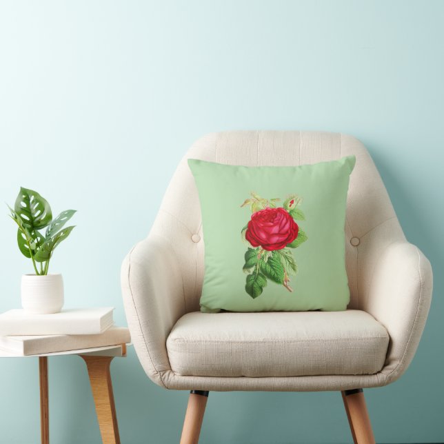 Painted Red Rose on Light Green Cushion (Chair)