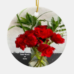 Painted Red Roses on Black and White Background Ceramic Ornament