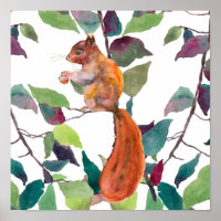 Painted Red Squirrel Acorns Tree Branches Rustic