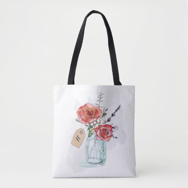 Painted Roses in Mason Jar Floral Monogram Tote Bag (Front)
