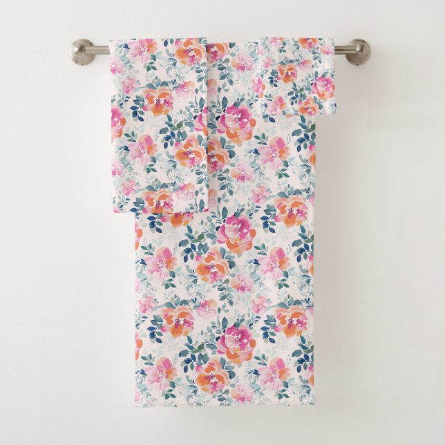 Painted Roses Pattern Bath Towel Set (Insitu)